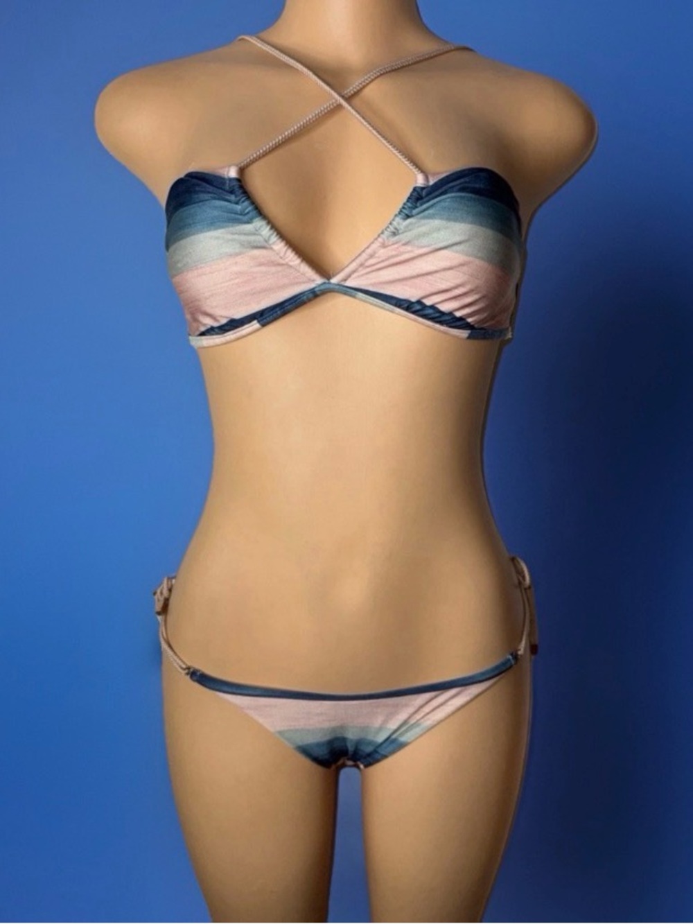 Striped Blue & Pink Tie-Back Bikini Set - Picture 2 of 5